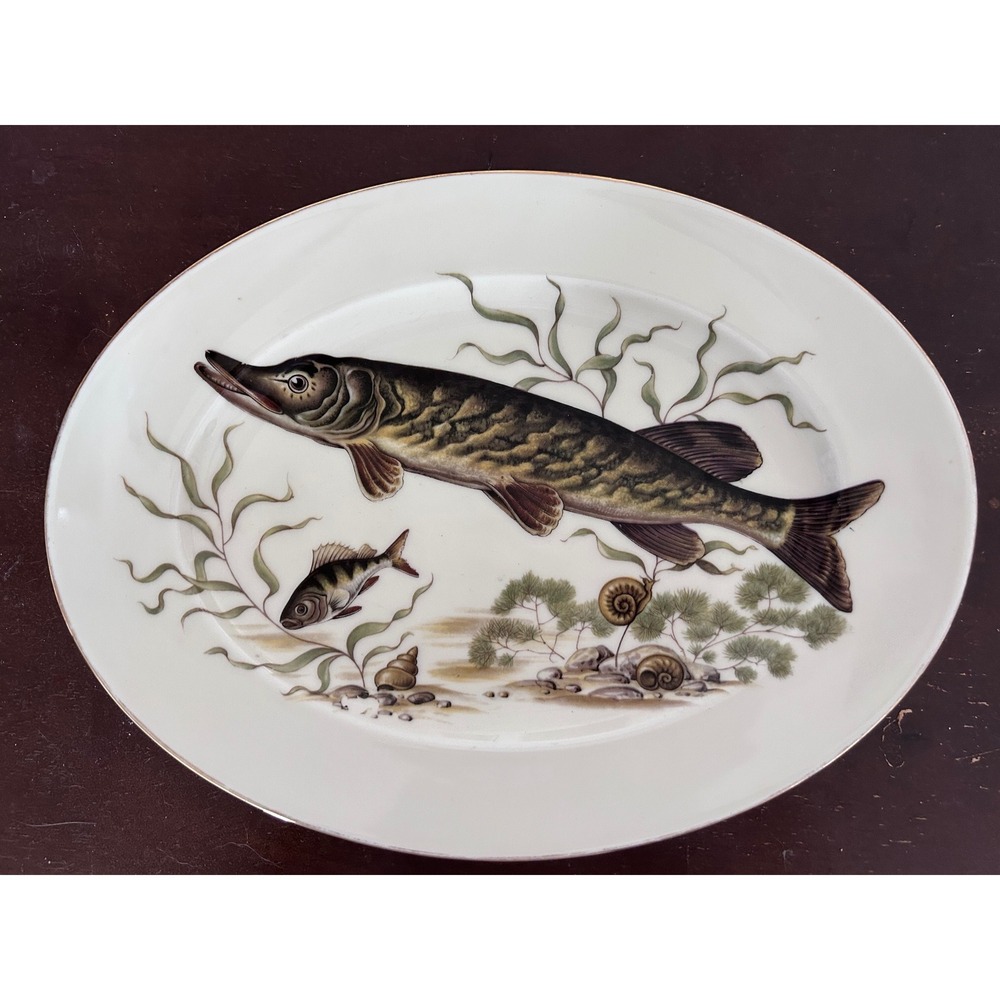 Vintage JKW Western Germany Pike‎ Fish Porcelain Oval Serving Platter Tray 13in